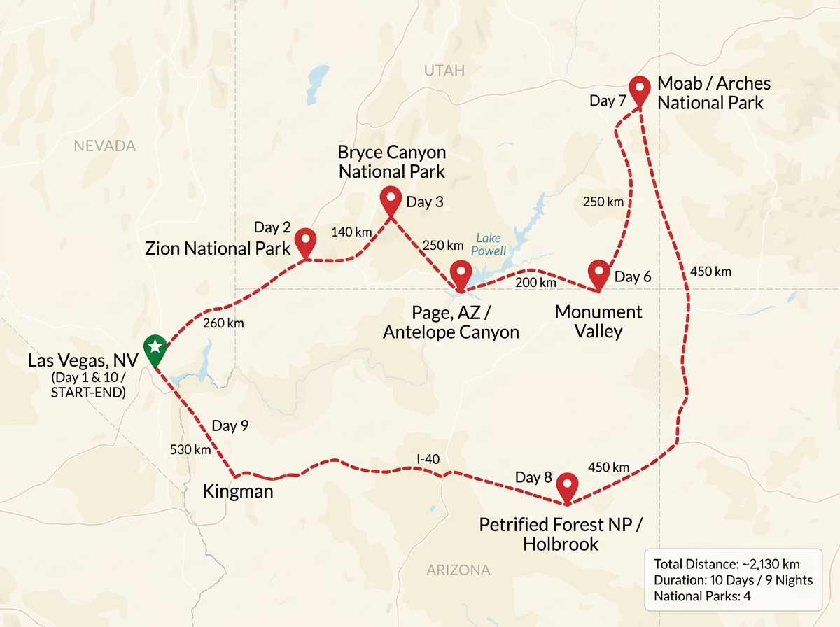 ラスベガス発着でグランドサークルを一周するルート地図。総距離約2,130km・10日間・国立公園4箇所。